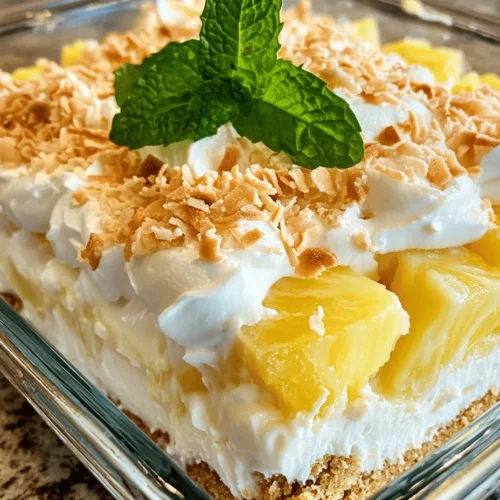 Introducing the Tropical Paradise Delight, a dessert that perfectly encapsulates the essence of summer. This vibrant, no-bake treat is a delightful fusion of tropical flavors that transport your taste buds straight to a sun-soaked beach. With its refreshing combination of crushed pineapple, rich cream cheese, and a hint of coconut, this dessert is not only a feast for the palate but also a visual spectacle that will impress guests at any gathering.