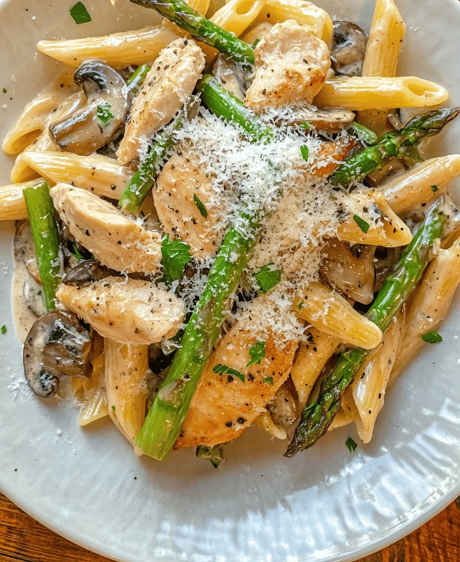 When it comes to comfort food, few dishes can rival the warmth and satisfaction of a creamy pasta recipe. The rich textures and flavors of a well-prepared pasta dish can evoke nostalgia, create a sense of home, and even bring families together around the dinner table. Enter <strong>Creamy Mushroom and Asparagus Chicken Penne</strong>—a delightful fusion of tender chicken, fresh vegetables, and a luscious cream sauce that perfectly clings to every piece of penne pasta. Whether you’re navigating a hectic weeknight schedule or planning a cozy family gathering, this dish promises to deliver not just nourishment but a memorable culinary experience.” /></p>
</p>
<p><strong>Creating the Creamy Sauce</strong></p>
</p>
<p>To create the rich and creamy sauce that elevates your Creamy Mushroom and Asparagus Chicken Penne, begin by incorporating your sautéed mushrooms and asparagus into the mix. After cooking the chicken and vegetables, you will want to deglaze the pan with a splash of white wine or chicken broth to capture all those delicious brown bits stuck to the bottom. This step adds depth of flavor to your sauce.</p>
</p>
<p>Next, add in your heavy cream and bring it to a gentle simmer. The cream serves as the base for your sauce; however, to achieve the perfect consistency, it’s essential to thicken it properly. A simple method is to whisk in a tablespoon or two of cornstarch mixed with a bit of water to create a slurry. Stir this mixture into the sauce as it simmers. Keep stirring until the sauce thickens to your desired consistency. If you prefer a richer flavor profile, consider adding a sprinkle of grated Parmesan cheese, which not only thickens but also enhances the creaminess. Season the sauce with salt, pepper, and a pinch of nutmeg to balance the flavors; the nutmeg brings a subtle warmth that complements the creaminess beautifully.</p>
</p>
<p><strong>Combining All Elements</strong></p>
</p>
<p>Now it’s time to bring all your components together. Start by cooking your penne pasta according to package instructions until al dente. Reserve a cup of pasta water before draining, as this starchy water can help adjust the sauce’s consistency later if needed.</p>
</p>
<p>In a large mixing bowl or the skillet where you prepared the sauce, combine the cooked penne with your chicken, mushrooms, and asparagus. Pour the creamy sauce over the pasta and mix thoroughly. The goal is to ensure that every piece of pasta is coated in that luscious sauce. If you find the mixture too thick, add a splash of the reserved pasta water to loosen it up while ensuring that it remains creamy. Taste and adjust the seasoning as necessary—sometimes a squeeze of fresh lemon juice can brighten the dish significantly.</p>
</p>
<p><strong>The Importance of Garnishing</strong></p>
</p>
<p>Garnishing is not just about aesthetics; it adds a fresh burst of flavor that can elevate your dish. Fresh parsley, finely chopped, is an excellent choice for this recipe. Its vibrant green color adds a beautiful contrast to the creamy sauce and provides a refreshing herbal note that complements the earthiness of the mushrooms and the richness of the cream. Sprinkle the parsley generously over the top just before serving to enhance both the visual appeal and flavor profile of your dish.</p>
</p>
<p><strong>Serving Suggestions and Pairings</strong></p>
</p>
<p>When it comes to serving your Creamy Mushroom and Asparagus Chicken Penne, presentation plays a key role. Use shallow bowls or wide plates to display the pasta attractively. You might consider twirling the penne into a nest shape in the center of the plate for an elegant touch. To enhance the dish further, a light drizzle of olive oil over the top or a few shavings of Parmesan cheese can provide additional flavor and visual intrigue.</p>
</p>
<p>This pasta dish pairs wonderfully with a variety of sides. For a balanced meal, consider complementing it with a light garlic bread to soak up the creamy sauce or a simple arugula salad with lemon vinaigrette, which adds a peppery crunch that contrasts beautifully with the creaminess of the pasta. Roasted vegetables can also work well; choose seasonal options like zucchini or bell peppers for added color and nutrients.</p>
</p>
<p><strong>Ideal Serving Temperature and Presentation</strong></p>
</p>
<p>For the best dining experience, serve your Creamy Mushroom and Asparagus Chicken Penne hot and fresh from the stove. The creamy sauce is most enjoyable when it’s warm and inviting. When plating, aim for a rustic yet refined look—using a sprinkle of freshly cracked black pepper and a few extra pieces of sautéed asparagus on top can create an eye-catching presentation.</p>
</p>
<p><strong>Complementary Side Dishes</strong></p>
</p>
<p>In addition to garlic bread and salads, you might consider serving your pasta with some roasted vegetables, such as Brussels sprouts or carrots, seasoned with olive oil and herbs. These add color and nutrition while enhancing the overall meal experience. A side of sautéed spinach or green beans would also bring freshness and balance to the richness of the main dish.</p>
</p>
<p><strong>Beverage Pairings</strong></p>
</p>
<p>Pairing beverages with your Creamy Mushroom and Asparagus Chicken Penne can enhance your dining experience. For those who enjoy wine, a chilled glass of Sauvignon Blanc or a light Pinot Grigio will complement the creaminess of the dish and cut through the richness with their acidity. If you prefer non-alcoholic options, consider serving a sparkling water with a slice of lemon or a refreshing iced tea, which will provide a nice counterpoint to the dish’s flavors.</p>
</p>
<p><strong>Nutritional Information and Benefits</strong></p>
</p>
<p>This Creamy Mushroom and Asparagus Chicken Penne is not only delicious but also offers a range of nutritional benefits. Each serving provides a balance of protein, carbohydrates, and healthy fats, making it a well-rounded meal.</p>
</p>
<p><strong>Caloric Breakdown</strong></p>
</p>
<p>On average, a serving of this dish contains approximately 600-700 calories, depending on the portion sizes and specific ingredients used. The caloric breakdown typically includes around 30-35 grams of protein from the chicken, 70-80 grams of carbohydrates from the penne pasta, and 25-30 grams of fat from the cream and cheese.</p>
</p>
<p><strong>Health Benefits of Ingredients</strong></p>
</p>
<p>The main ingredients in this recipe come with their own health benefits. Chicken is a great source of lean protein, essential for muscle growth and repair. Asparagus is rich in fiber, vitamins A, C, E, and K, and is known for its antioxidant properties. Mushrooms not only add depth to the flavor but also provide essential nutrients, including B vitamins and selenium, which supports immune function. The heavy cream, while indulgent, can be enjoyed in moderation as part of a balanced diet.</p>
</p>
<p><strong>Conclusion</strong></p>
</p>
<p>Preparing and enjoying Creamy Mushroom and Asparagus Chicken Penne is a delightful experience that brings together comforting flavors and appealing textures. This versatile dish is perfect for various occasions, whether you’re hosting a dinner party or enjoying a cozy family meal. The balance of creaminess, earthiness, and freshness from the vegetables creates a satisfying dish that is sure to impress.</p>
</p>
<p>Encouraging readers to try making this wonderful pasta dish is a must. Its quick preparation time makes it accessible for busy weeknights, and the comfort it provides is unparalleled. With just a few simple ingredients, you can create a restaurant-quality meal right at home, making it a staple in your culinary repertoire. Enjoy the process, and savor every bite of this delicious Creamy Mushroom and Asparagus Chicken Penne!</p>
<div id=