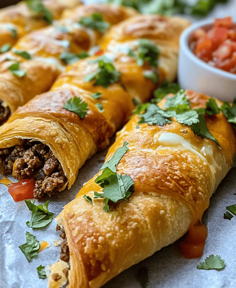 Cheesy Taco Sticks are a creative culinary interpretation that merges the beloved taco with the ease of crescent roll dough. Their origins can be traced back to the rising popularity of finger foods and comfort foods that cater to the modern palate. As gatherings become more casual and the demand for shareable snacks grows, Cheesy Taco Sticks present a perfect solution. They embody the essence of fusion cuisine, where traditional flavors meet convenient preparation methods, making them an ideal addition to any appetizer spread.
