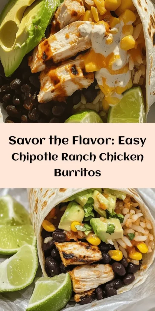 Enjoy a delicious twist on dinner with these easy Chipotle Ranch Grilled Chicken Burritos! Marinated grilled chicken, brown rice, black beans, fresh corn, and juicy tomatoes come together in a tasty flour tortilla, topped with creamy avocado and cheddar cheese. Perfect for meal prep or a quick weeknight dinner, these burritos are bursting with flavor and freshness. Serve with lime wedges for a zesty finish! Get ready to impress with this simple recipe!