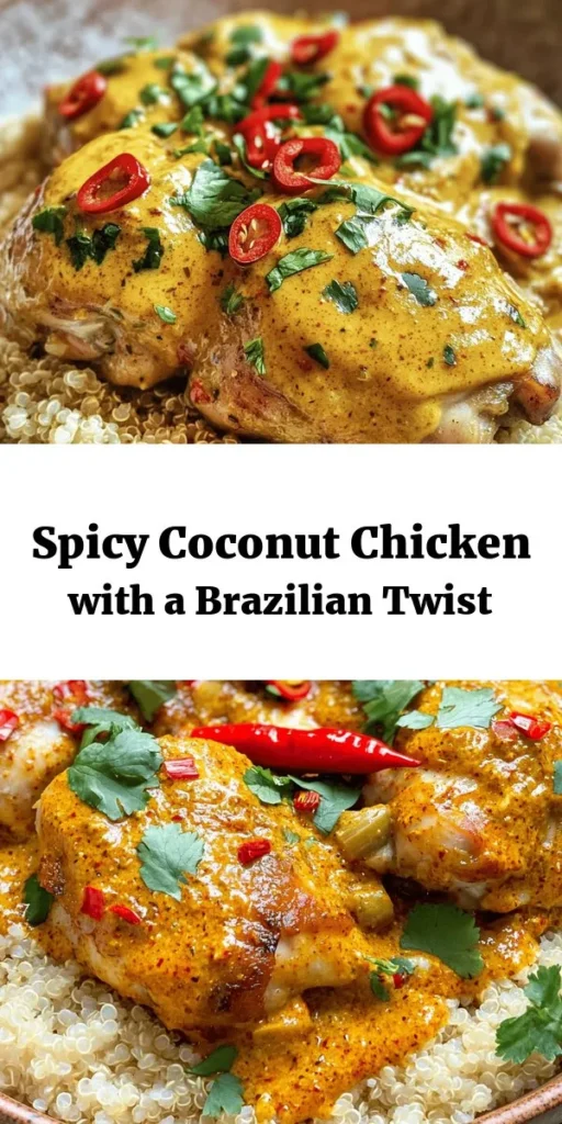 Spice up your weeknight dinners with this flavorful Spicy Brazilian Coconut Chicken! This dish features juicy marinated chicken thighs cooked in a creamy coconut milk sauce infused with ginger, garlic, and fresh chilies. Serve it over rice or quinoa for a satisfying meal. Perfect for those who love a kick of heat balanced by rich coconut flavor. Garnish with fresh cilantro for an extra pop of freshness. Easy to make and sure to impress!