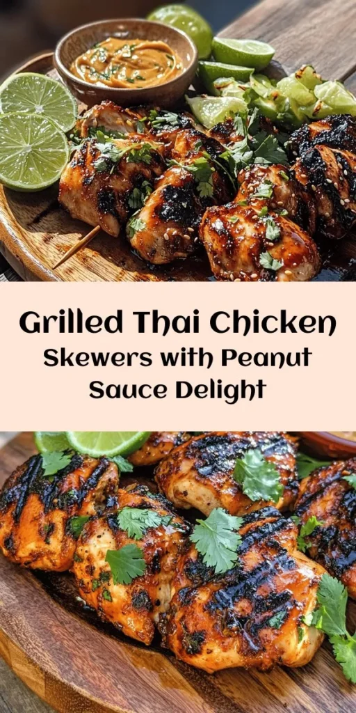 Enjoy a taste of Thailand with these Easy Grilled Thai Chicken Skewers! Tender marinated chicken thighs are grilled to perfection and served with a creamy, spicy peanut sauce for dipping. With simple ingredients like fish sauce, lime juice, and wholesome spices, this dish is bursting with flavor. Perfect for a weeknight dinner or a weekend barbecue, these skewers are sure to impress. Garnish with fresh cilantro and lime for that extra zing!