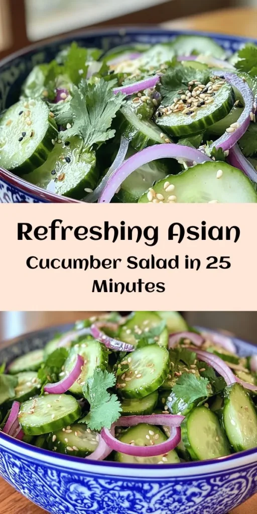 Delight in the refreshing flavors of this Crunchy Asian Cucumber Salad! Made with fresh cucumbers, red onion, and a zesty dressing of rice vinegar, soy sauce, and sesame oil, this salad is quick and easy to prepare. Perfect as a side dish or a light starter, it's ready in just 25 minutes. Toss it together, let it marinate, and garnish with sesame seeds and fresh herbs for a deliciously vibrant dish that’s sure to impress!