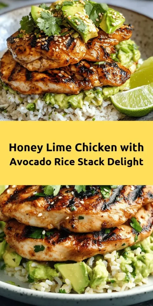 Indulge in a flavorful Honey Lime Chicken & Avocado Rice Stack that’s perfect for a delicious dinner! Marinated chicken bursts with sweet and tangy flavors, while creamy avocado rice adds a delightful twist. This recipe is easy to follow, making it ideal for busy weeknights. With fresh cilantro and sesame seeds on top, it’s not only tasty but visually stunning too. Serve with lime wedges for an extra zesty kick. Give it a try!