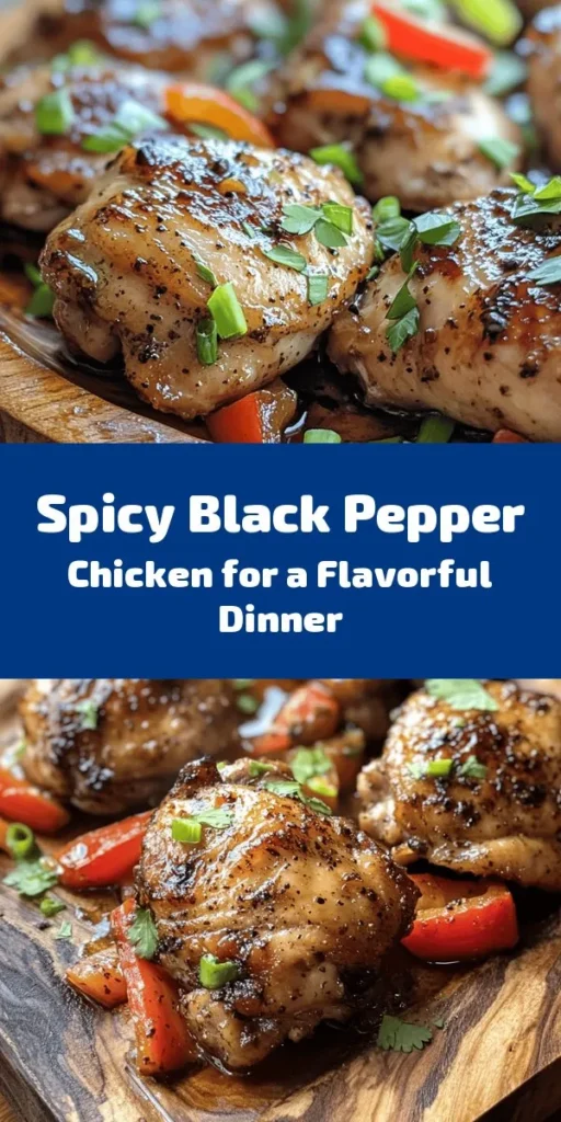 Spice up your dinner with this Spicy Black Pepper Chicken Delight! This easy recipe combines tender chicken thighs with a zesty blend of black pepper, soy sauce, and aromatic veggies. In just 45 minutes, you'll have a flavorful dish that's perfect served with steamed rice or noodles. Marinate the chicken, stir-fry with onions, garlic, and bell peppers, and finish with a drizzle of sesame oil. Garnish with fresh cilantro for a delicious touch!
