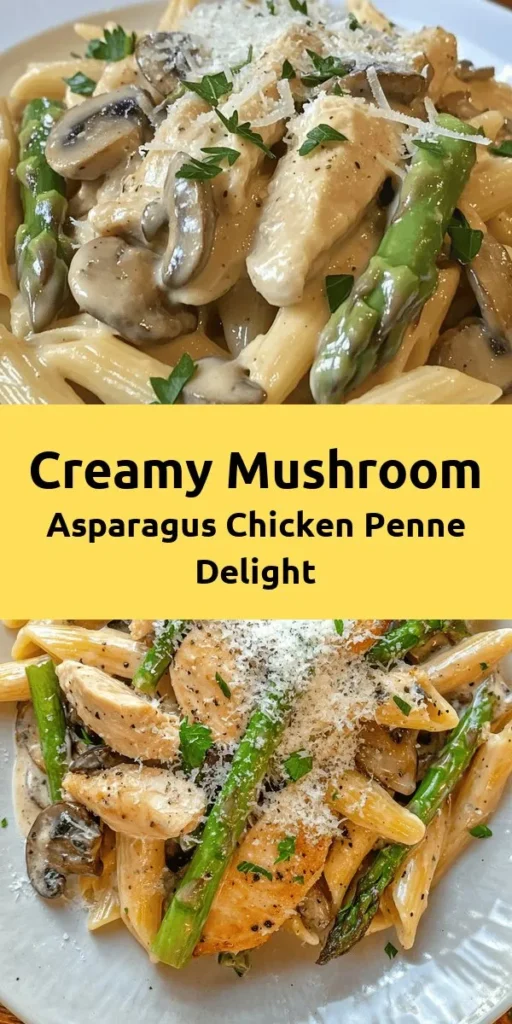Savor the deliciousness of this creamy mushroom and asparagus chicken penne! This one-pot dish combines tender chicken, flavorful mushrooms, and bright asparagus in a rich, creamy sauce, all tossed with perfectly cooked penne pasta. Ready in just 30 minutes, it's an ideal weeknight dinner that the whole family will love. Don’t forget to garnish with fresh parsley for an extra pop! Try this cozy recipe tonight!