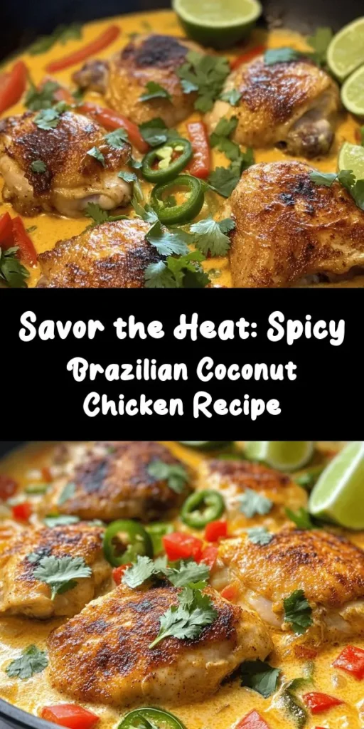 Savor the vibrant flavors of Spicy Brazilian Coconut Chicken! This easy recipe features tender chicken thighs marinated in creamy coconut milk and zesty red curry paste, combined with sautéed onions, bell peppers, and jalapeños for a delightful kick. Perfectly simmered to juicy perfection, this dish is garnished with fresh cilantro and served with lime wedges. Enjoy it over rice or quinoa to soak up the delicious sauce. A simple yet exotic meal for any night!