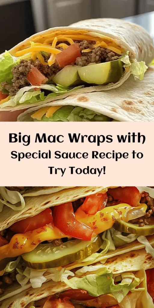 Make your mealtime exciting with these delicious Homemade Big Mac Wraps! Filled with seasoned ground beef, fresh lettuce, diced tomatoes, shredded cheddar, and tangy pickles, all drizzled with a creamy Special Sauce, these wraps are a fun twist on the classic burger. Perfect for a quick dinner or weekend treat, they're easy to make and sure to satisfy! Serve them with extra sauce for a delightful dipping experience. You can't go wrong with this recipe!