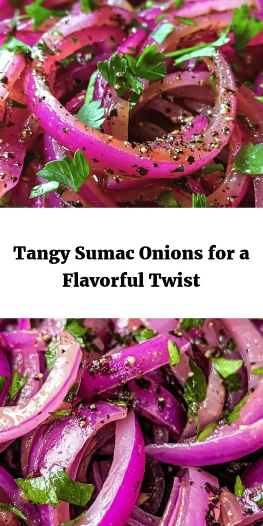 Elevate your meals with these Tangy Sumac Onions that are bursting with flavor! Made with just a few simple ingredients, these marinated red onions are perfect as a salad topping or a zesty addition to sandwiches and tacos. The combination of sumac, balsamic vinegar, and honey gives them a unique tang that’s hard to resist. With a quick prep time of 10 minutes and a total of 40 minutes to marinate, these onions are a delicious way to brighten up your dishes!
