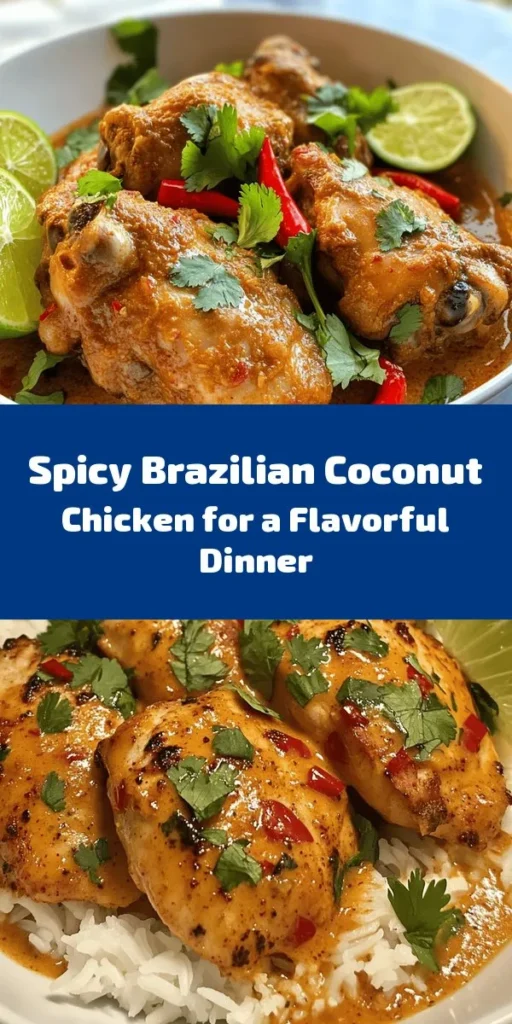 Indulge in the vibrant flavors of Brazil with this Spicy Brazilian Coconut Chicken recipe! Perfectly marinated chicken thighs simmered in rich coconut milk create a delightful dish that's both creamy and spicy. Sautéed onions, garlic, and red chili peppers build a flavorful base, while fresh lime juice adds a zing. Serve it hot, garnished with cilantro and lime wedges, alongside rice or crusty bread for the ultimate meal. Experience a taste of tropical paradise at home!