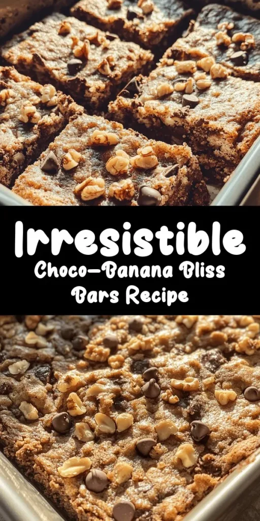 Satisfy your sweet cravings with these delicious Choco-Banana Bliss Bars! Made with ripe bananas, unsweetened applesauce, and plenty of chocolate chips, these bars are a perfect blend of moisture and flavor. Easy to whip up, they feature a hint of walnut crunch (optional) and are baked to golden perfection. Ideal for snacks or dessert, this recipe yields 12 scrumptious bars ready to be enjoyed. Treat yourself and your loved ones today!