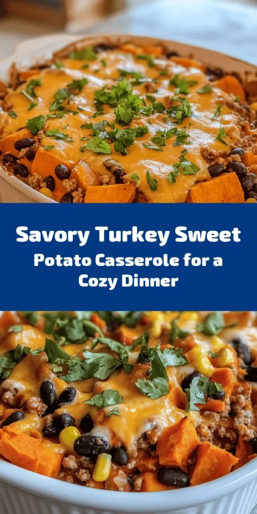 This Savory Ground Turkey Sweet Potato Casserole is a delicious and nutritious meal that’s perfect for the whole family. Packed with lean ground turkey, sweet potatoes, black beans, corn, and topped with gooey cheddar cheese, this dish is both filling and flavorful. With a prep time of just 15 minutes, you can have this hearty casserole ready in about 50 minutes. It’s an easy way to bring comfort food to your table! Don't forget to add fresh cilantro for a burst of flavor!