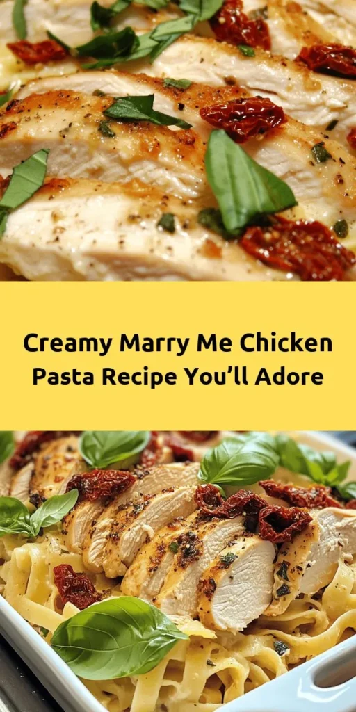 Indulge in the deliciousness of Marry Me Chicken Pasta, a creamy, flavor-packed dish that’s perfect for date night or family dinner. With tender chicken breasts, sun-dried tomatoes, and rich heavy cream, this recipe is a true crowd-pleaser. Toss in fettuccine and top with Parmesan and fresh basil for an unforgettable meal. Quick and easy to prepare in just 35 minutes, your loved ones will be asking for seconds! Try it tonight and get ready for the compliments!