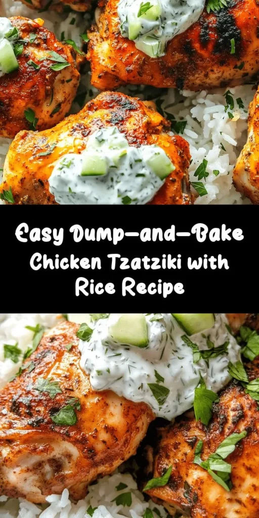 This Dump-and-Bake Chicken Tzatziki with Rice is a delicious and easy weeknight dinner! Simply layer uncooked basmati rice and chicken broth in a baking dish, season chicken thighs, and top with a creamy tzatziki sauce made from Greek yogurt, cucumber, garlic, and dill. Bake for just 40-45 minutes for a flavorful, wholesome meal that’s sure to impress. Perfect for busy nights, this dish serves four and is garnished with fresh parsley for an extra touch. Enjoy!