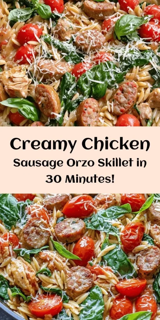 Indulge in this creamy Chicken Sausage Orzo Skillet that's perfect for a quick weeknight dinner! With juicy chicken sausage, tender orzo pasta, and vibrant veggies like spinach and cherry tomatoes, this dish is both satisfying and delicious. Ready in just 30 minutes, it's a one-pan wonder that combines comforting flavors with ease. Top it off with Parmesan and fresh basil for an extra burst of flavor. Your family will love it!