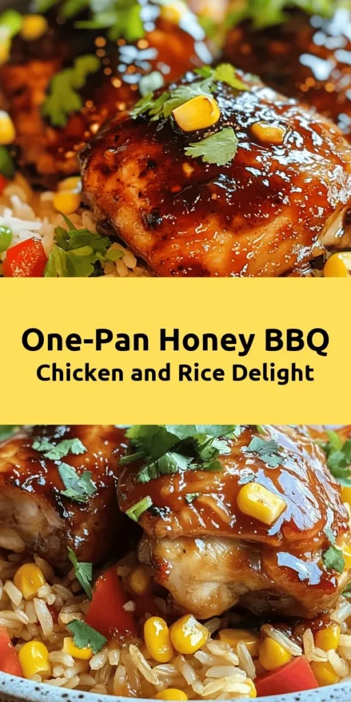 Try this delicious One-Pan Honey BBQ Chicken Rice recipe that brings together tender boneless chicken thighs, fluffy jasmine rice, and sweet BBQ flavor all in one skillet! It's an easy meal perfect for busy weeknights, taking just 45 minutes to prepare and cook. With ingredients like corn and bell pepper, this dish is not only tasty but also colorful. Garnish with fresh cilantro for an extra touch and enjoy a wholesome dinner that the whole family will love!