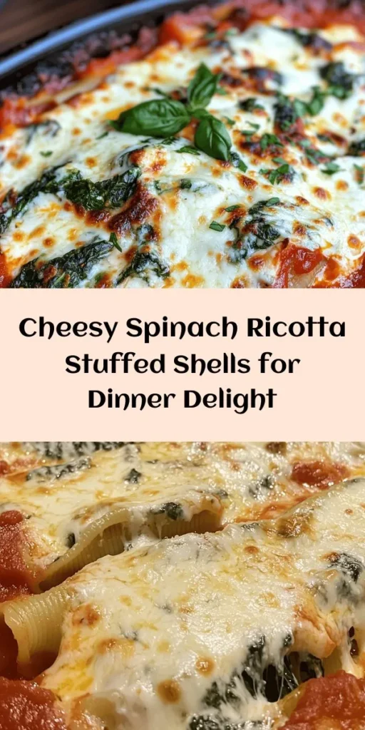 Indulge in the deliciousness of Cheesy Spinach & Ricotta Stuffed Shells! This recipe features jumbo pasta shells filled with a creamy blend of ricotta, fresh spinach, and gooey mozzarella, all baked in marinara sauce for a comfort food classic. Perfect for family dinners or gatherings, it’s easy to prepare and delightful to serve. Top with fresh basil for a pop of color. Discover the joy of homemade Italian cuisine today!