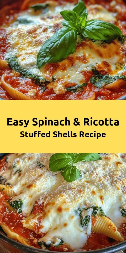 Indulge in this delightful spinach and ricotta stuffed shells recipe! Perfect for a cozy dinner, these large pasta shells are filled with a creamy mixture of ricotta, fresh spinach, and gooey mozzarella, all topped with a rich marinara sauce. With just 45 minutes of prep and cooking time, you can serve a flavorful dish that's both satisfying and nutritious. Don't forget to garnish with fresh basil for that extra touch! Perfect for a family meal or a gathering.