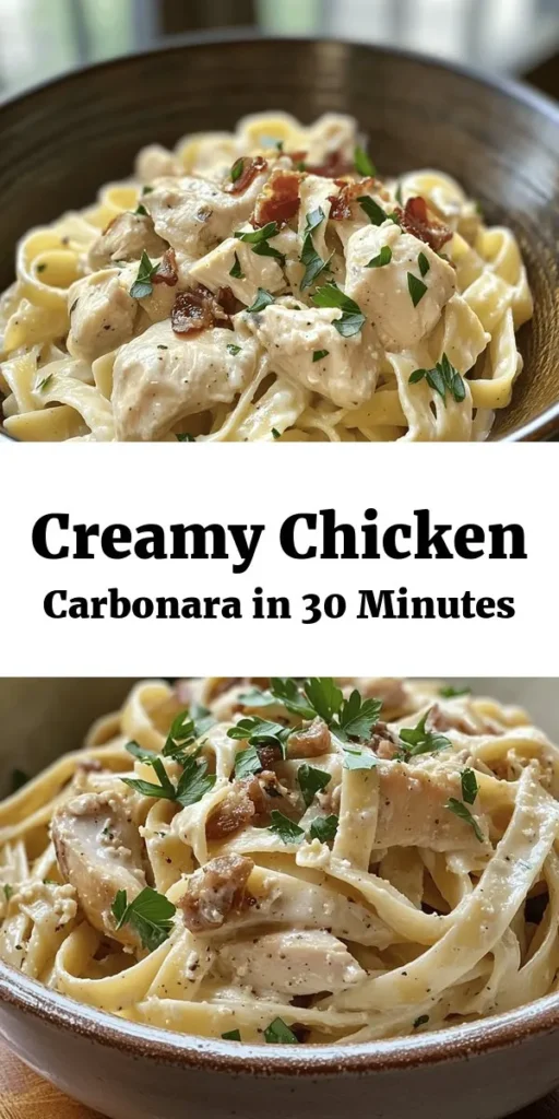 Indulge in the creamy goodness of the Best-Ever Chicken Carbonara! This comforting dish combines tender chicken, crispy pancetta, and perfectly cooked pasta in a rich sauce made with eggs and Pecorino Romano cheese. With just a handful of ingredients and ready in 30 minutes, it’s perfect for a weeknight dinner or a special occasion. Top with fresh parsley for a pop of color and serve immediately for a delicious meal your family will love!