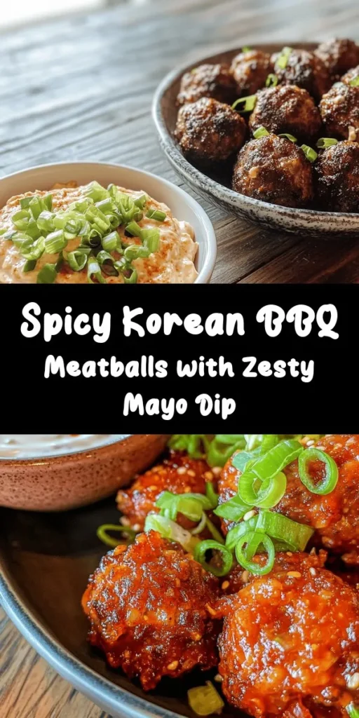 Elevate your appetizer game with these Spicy Korean BBQ Meatballs paired with a zesty mayo dip! Made with a savory mix of ground beef, breadcrumbs, green onions, and gochujang, these meatballs are bursting with flavor. Bake until golden and serve with a creamy, spicy mayo dip that adds the perfect kick. Ideal for parties or a cozy night in, enjoy these tasty bites that are sure to impress your guests! Try it out today!