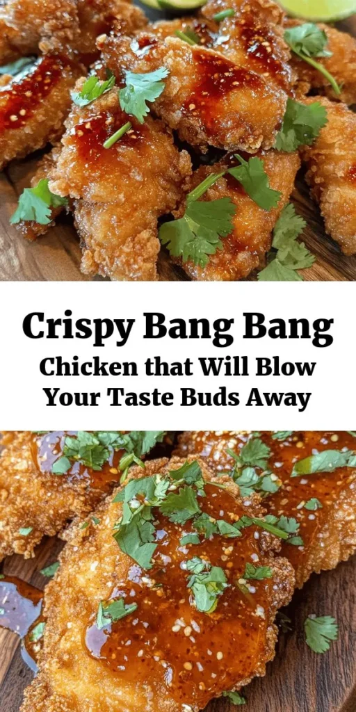 Get ready to savor the deliciousness of Crispy Bang Bang Chicken! This easy recipe combines tender chicken thighs with a flavorful marinade of mayo, sweet chili, and Sriracha, creating a mouthwatering dish. Coated in seasoned flour and panko breadcrumbs, these bites are then fried to golden perfection for the ultimate crunch. Drizzle with extra sauce and garnish with cilantro for a dish that's sure to impress. Perfect for dinner or a party, enjoy every bite!