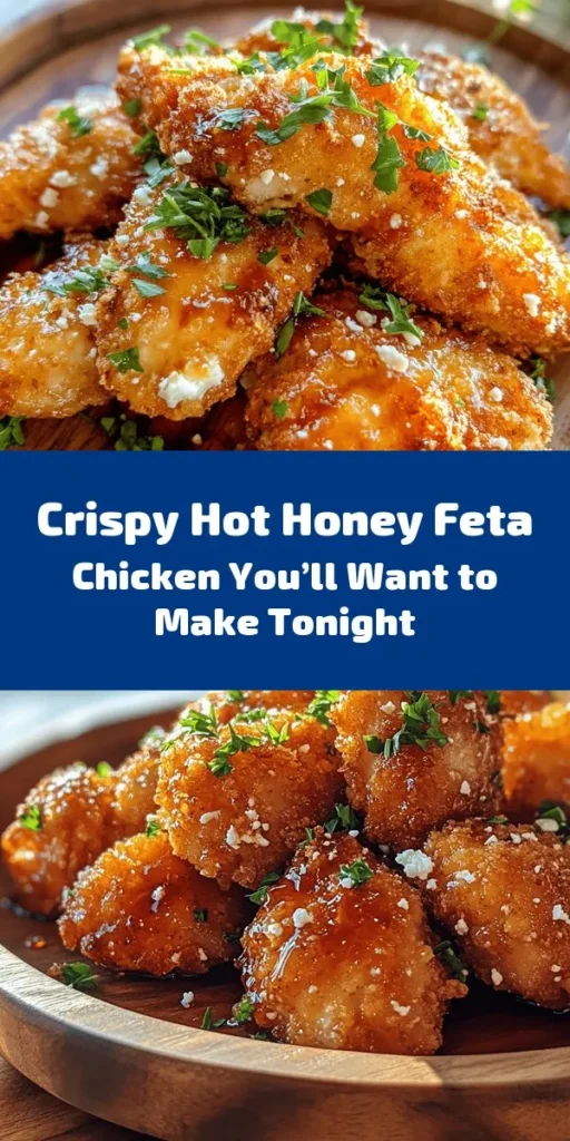 Indulge in the mouthwatering flavors of Crispy Hot Honey Feta Chicken! This recipe combines tender chicken breasts coated in a flavorful mix of Panko breadcrumbs and feta cheese, fried to perfection, then baked for extra crunch. Drizzled with a sweet and spicy hot honey sauce, it's a dish that will impress your family and guests alike. Perfect for a weeknight dinner or a special occasion, serve it with a fresh salad or roasted veggies for a complete meal. Try it today!