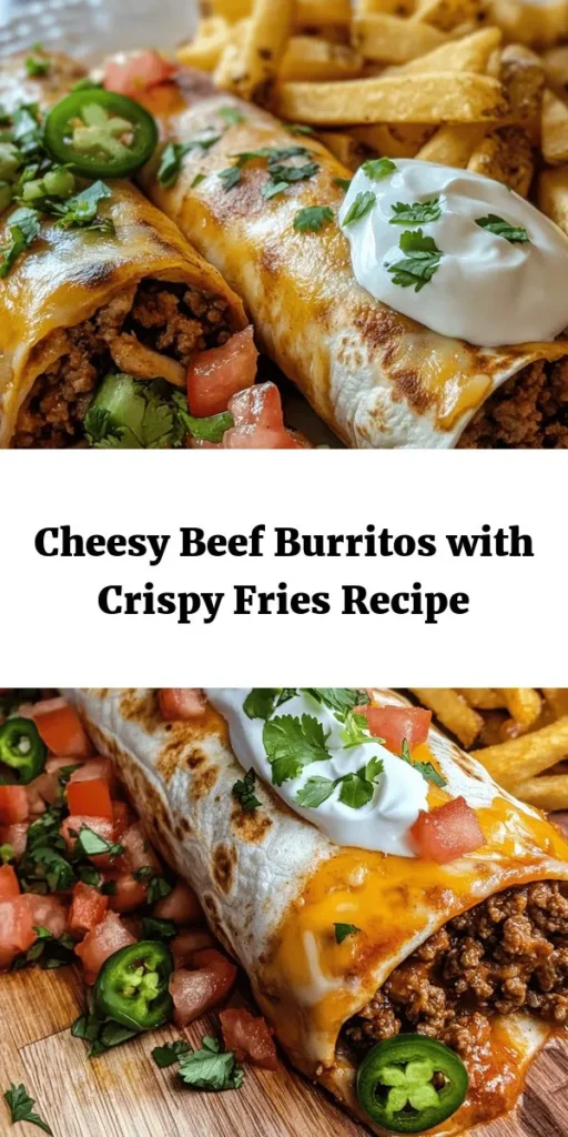 Elevate your dinner game with these cheesy beef burritos paired with crispy fries! This recipe features seasoned ground beef enveloped in warm flour tortillas, loaded with both cheddar and Mexican cheese for a melty finish. Bake crispy fries on the side for the perfect crunch. Top it off with sour cream and fresh cilantro, plus your choice of extras like tomatoes or jalapeños. A delicious family meal ready in under an hour! Enjoy!