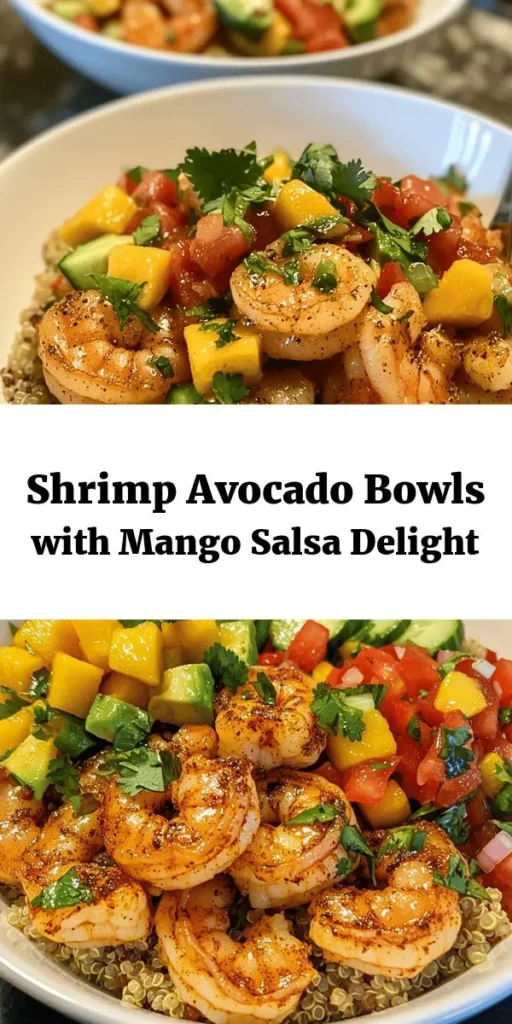 Savor the vibrant flavors of these Shrimp & Avocado Bowls topped with fresh Mango Salsa and zesty Lime-Chili Sauce. This simple recipe starts with marinated shrimp pan-seared to perfection, served over a wholesome base of quinoa or rice. With ripe avocados, crunchy cucumbers, and juicy cherry tomatoes, each bite is a burst of freshness. Perfect for a healthy lunch or dinner, this dish is sure to impress your family and friends. Enjoy!