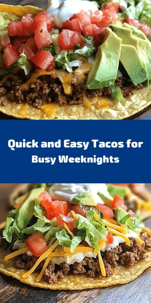 Looking for a quick and delicious dinner option? Try these Easy Weeknight Tacos! Made with ground beef or turkey, seasoned to perfection, and topped with fresh tomatoes, lettuce, cheese, avocado, and sour cream, these tacos are a crowd-pleaser. With a prep time of just 10 minutes and a total of 25 minutes, you can enjoy a flavorful meal without the hassle. Perfect for busy weeknights! Don't forget to serve with your favorite salsa for an extra kick.