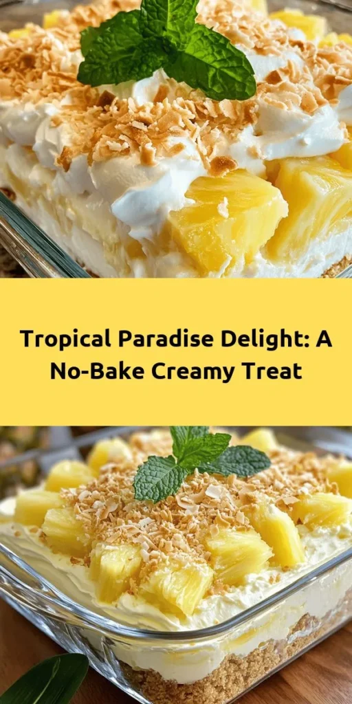 Escape to a Tropical Paradise with this delightful dessert! This easy-to-make Tropical Paradise Delight features creamy layers of whipped cream, cream cheese, and sweet crushed pineapple, all nestled between layers of crunchy graham crackers. Topped with toasted coconut flakes and garnished with fresh pineapple and mint, it’s the perfect treat for any occasion. Prep it in just 20 minutes and let it chill in the fridge for a deliciously refreshing experience. Perfect for summer gatherings or a cozy family dessert!