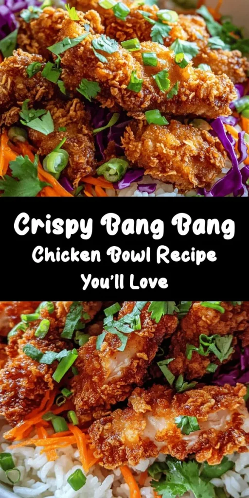 Indulge in this delicious Bang Bang Chicken Bowl that combines crispy, golden chicken with fresh veggies and savory Bang Bang sauce! Perfectly seasoned chicken is coated in a crunchy cornstarch mix and fried to perfection. Layer it over fluffy jasmine rice, add shredded cabbage and carrots, and top it with a drizzle of sauce and fresh herbs for an exciting meal. Ideal for a weeknight dinner or serve it at your next gathering! Enjoy a burst of flavors in every bite!