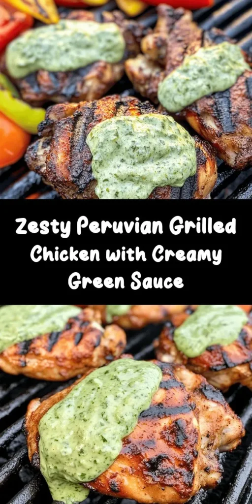 Discover the flavors of Peru with this vibrant Peruvian Grilled Chicken paired with a creamy green sauce. Marinated in a mix of garlic, cumin, and jalapeño, these juicy chicken thighs are grilled to perfection for a smoky finish. The refreshing cilantro sauce adds a burst of creaminess that elevates each bite. This dish is perfect for family dinners or weekend gatherings. Serve it with rice or a fresh salad for a delightful meal everyone will love!