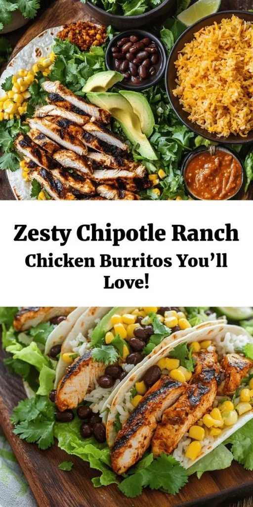 Savor the flavors of this Zesty Chipotle Ranch Grilled Chicken Burrito! Perfect for meal prep or a quick dinner, this delicious recipe combines marinated grilled chicken with rice, black beans, corn, and fresh toppings all wrapped in a warm flour tortilla. Don't forget the creamy chipotle ranch dressing for that extra kick! It's simple to make and perfect for the whole family. Try it today and elevate your weeknight meals!