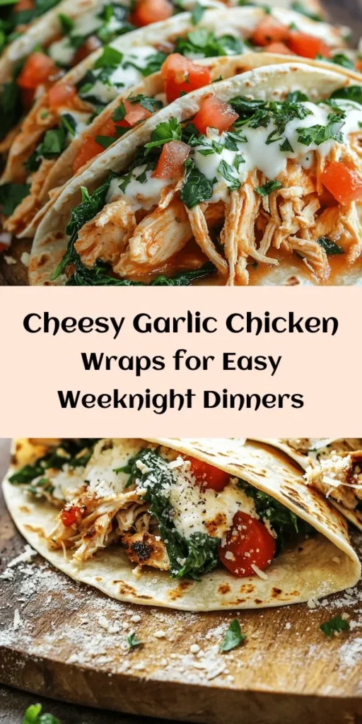 Indulge in these Cheesy Garlic Chicken Wraps that are perfect for a quick lunch or dinner! Made with tender shredded chicken, creamy cheeses, and zesty garlic, these wraps are bursting with flavor. Layered with fresh spinach and tomatoes, they’re both delicious and nutritious. Perfect for grilling to a golden crisp, these wraps are easy to make and sure to impress. Serve warm and enjoy a delightful meal that everyone will love! Ideal for meal prep too!