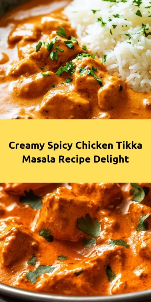 Indulge in the rich and flavorful Spicy & Creamy Chicken Tikka Masala! This delicious dish features tender chicken marinated in a blend of yogurt and spices, baked to perfection, and then simmered in a luscious tomato cream sauce. Easy to prepare, it's perfect for weeknight dinners or special occasions. Serve it hot with fluffy basmati rice or warm naan, and enjoy the vibrant flavors of this classic Indian recipe. Give it a try today!