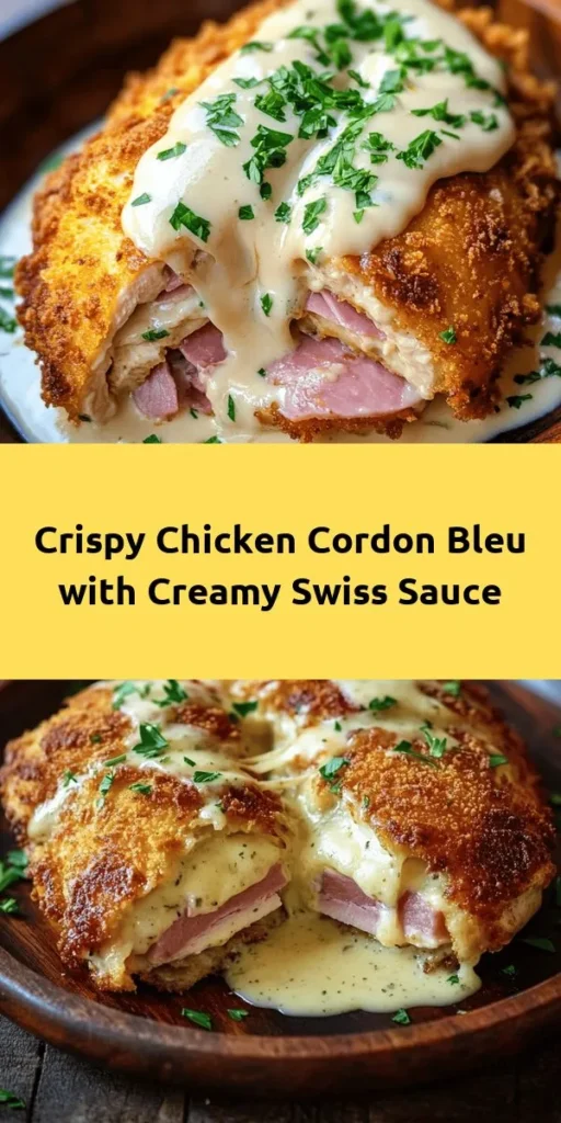 Elevate your dinner with this mouthwatering Chicken Cordon Bleu! Tender chicken breasts are stuffed with layers of savory ham and melty Swiss cheese, then rolled, breaded, and pan-fried to golden perfection. Served with a rich and creamy Swiss cheese sauce, this dish is a delicious crowd-pleaser. Perfect for special occasions or a delightful weeknight meal, it's easy to prepare and packed with flavor. Try it tonight for a taste of luxury at home!