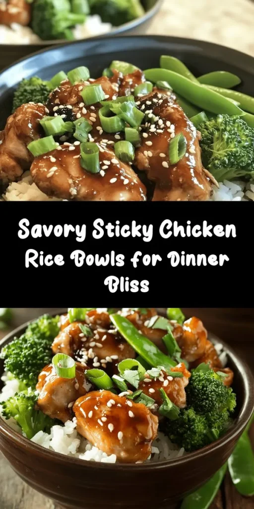 Savor the flavor of these irresistible Sticky Chicken Rice Bowls that combine tender marinated chicken thighs with fluffy jasmine rice and vibrant vegetables. This recipe is perfect for a cozy dinner, ready in just an hour! Marinated in a delicious blend of soy sauce, honey, and ginger, the chicken is sautéed to perfection and served over a bed of rice, topped with crisp broccoli, snap peas, and fresh garnishes. Your family will love this tasty meal!
