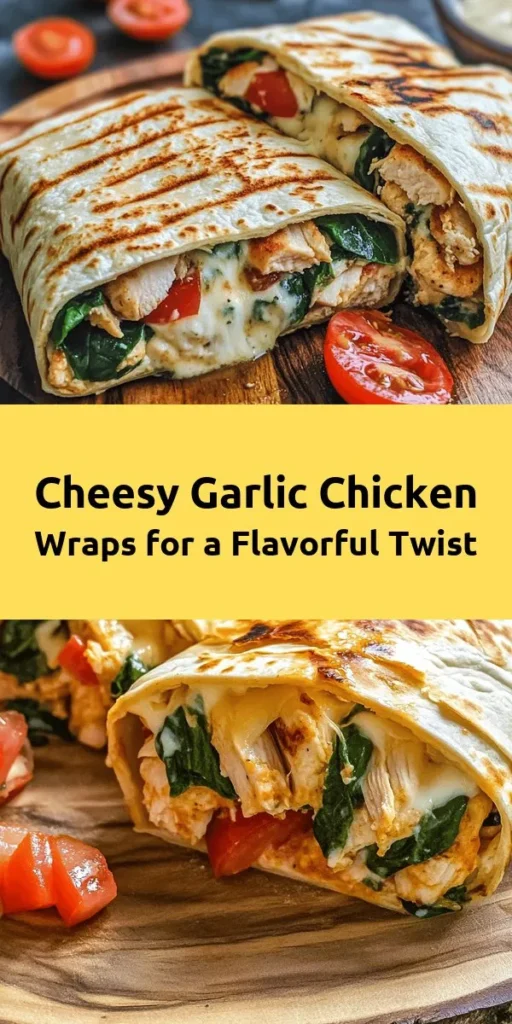 Enjoy a burst of flavor with these Cheesy Garlic Chicken Wraps! This quick and easy recipe combines tender chicken, gooey mozzarella, and creamy garlic cheese, all wrapped in a warm tortilla. Packed with fresh spinach and juicy tomatoes, these wraps are perfect for lunch or dinner. Grill them to crispy perfection for a delightful crunch! Ready in just 30 minutes, they’re sure to become a family favorite. Top with hot sauce for an extra kick!