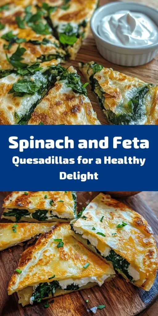 Try these delicious Spinach and Feta Quesadillas for a quick and healthy meal! Loaded with fresh spinach, crumbled feta, and gooey mozzarella, they're perfect for lunch or dinner. With a crispy tortilla exterior and a flavorful filling, these quesadillas are easy to make in just 20 minutes. Serve them warm with a dollop of sour cream or Greek yogurt and fresh herbs for a tasty touch. A delightful way to enjoy greens, everyone will love them!