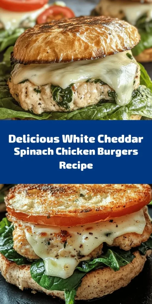 Looking for a delicious twist on classic burgers? Try these White Cheddar and Spinach Chicken Burgers! Made with ground chicken, fresh spinach, and creamy white cheddar, they're packed with flavor and nutrients. These tasty patties are quick to prepare and perfect for a weeknight meal. Serve on whole wheat buns with your favorite toppings like lettuce, tomato, and avocado. Enjoy a healthy burger that's sure to please everyone!