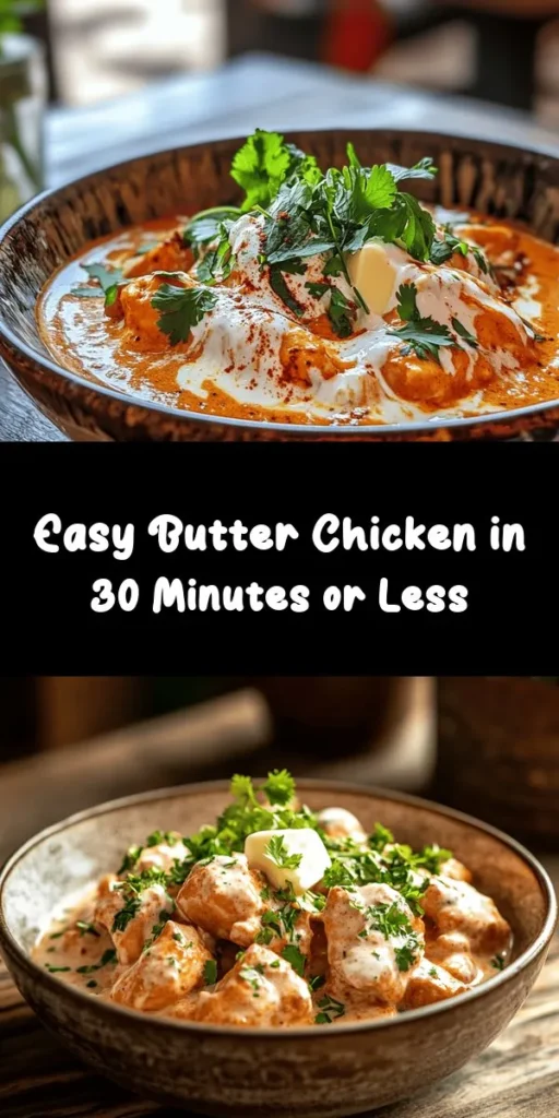 This Quick & Easy Homemade Butter Chicken recipe is a delicious twist on a classic Indian dish! With tender chicken thighs simmered in a rich, creamy sauce made from fragrant spices, sautéed onions, garlic, and ginger, it’s bursting with flavor. Ready in just 30 minutes, it's perfect for a weeknight dinner. Serve it over basmati rice or with warm naan for a comforting meal. Don’t forget to garnish with fresh cilantro for that extra touch!