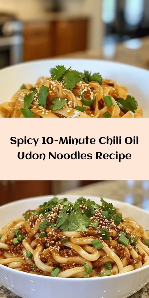 Whip up a delicious meal in just 10 minutes with these Chili Oil Udon Noodles! Perfect for a quick weeknight dinner, this recipe features chewy udon noodles tossed in a spicy garlic and ginger sauce, with a touch of soy and rice vinegar for an umami kick. Top with sesame seeds and fresh cilantro for extra flavor. Whether you're a spice lover or just looking for a satisfying dish, these noodles are sure to impress!
