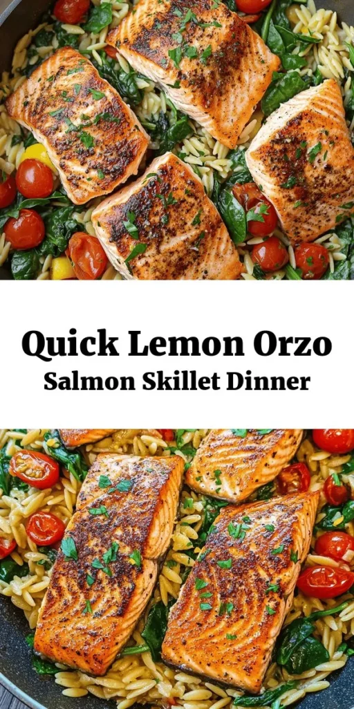 Looking for a quick and delicious dinner? Try this Zesty One Skillet Salmon with Lemon Orzo! In just 30 minutes, you can enjoy perfectly seared salmon paired with tender orzo cooked in chicken broth, a zesty kick of lemon, and fresh veggies like cherry tomatoes and spinach. This one-pan dish is not only easy to make but also bursting with flavor. Perfect for weeknight dinners or impressing guests! Don't forget to garnish with fresh parsley for an extra touch!