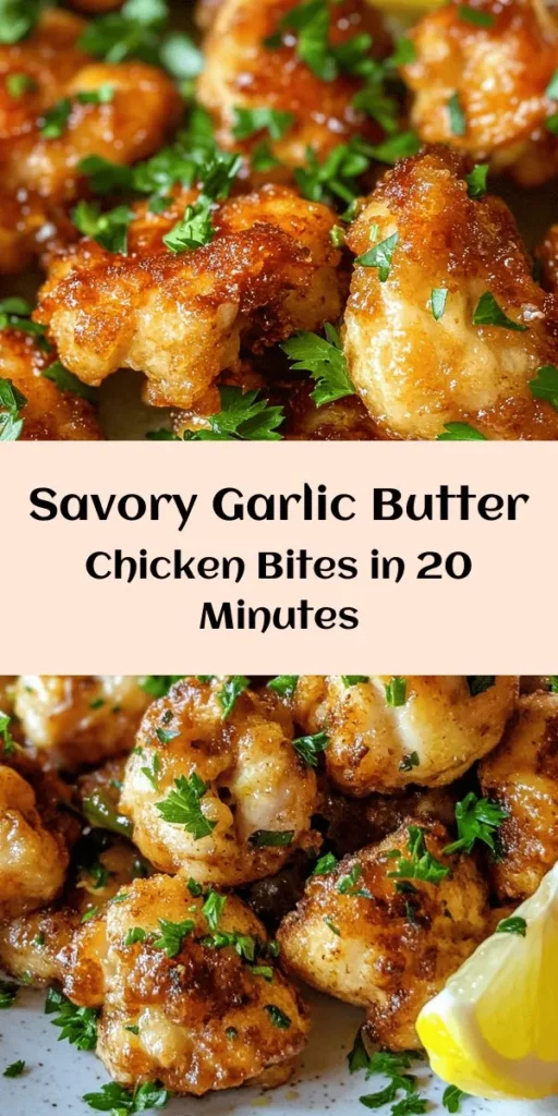 Discover the deliciousness of Garlic Butter Chicken Bites! This quick and easy recipe features tender chicken pieces seasoned with smoked paprika and herbs, sautéed in rich butter and garlic. Ready in just 20 minutes, it’s perfect for busy weeknights or family gatherings. Garnished with fresh parsley and served with lemon wedges, it’s bursting with flavor. Enjoy a comforting, mouthwatering meal that everyone will love! #ChickenBites #GarlicButter #QuickRecipes