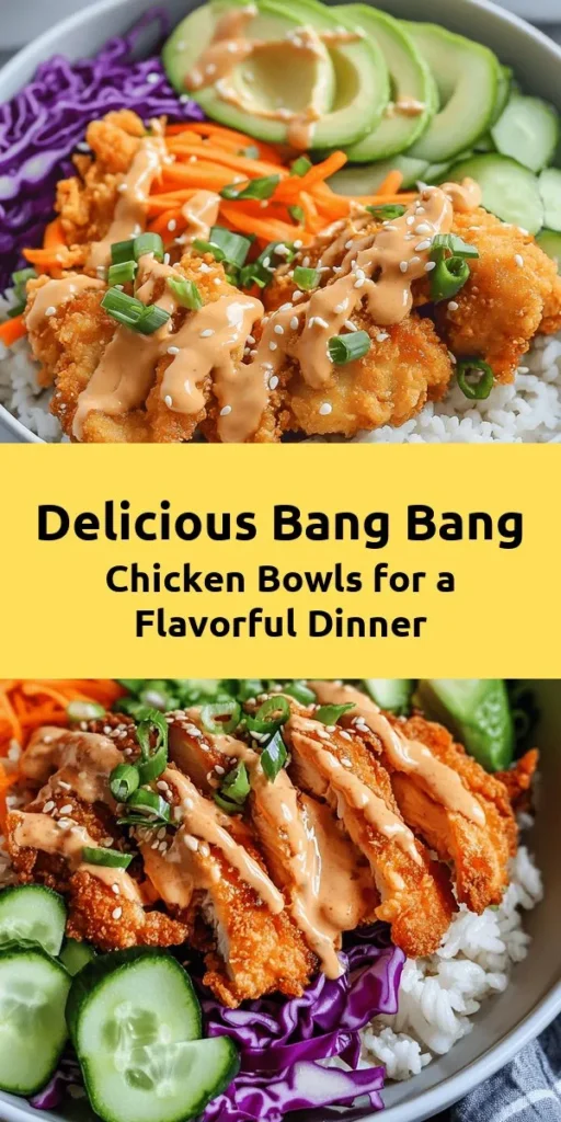 Spice up your dinner with these delicious Bang Bang Chicken Bowls! Tender, crispy chicken thighs coated in a flavorful mix are paired with fluffy jasmine or brown rice and fresh veggies like cucumbers, shredded carrots, and avocado. Drizzle over a creamy, spicy Bang Bang sauce for the perfect finish. Quick to prepare and bursting with flavor, this recipe serves four and is a sure hit for family meals or gatherings. Try it tonight!