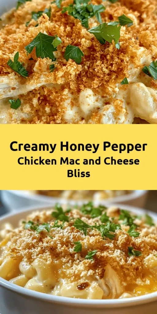 Indulge in the creamy goodness of Honey Pepper Chicken Mac and Cheese Delight! This comforting dish combines tender elbow macaroni, shredded chicken, and a rich cheese sauce with a hint of sweetness from honey and the warmth of black pepper. Topped with a crispy breadcrumb layer, it's baked to perfection for a truly satisfying meal. Ready in just 50 minutes, it's perfect for family dinners or cozy nights in. Don't miss out on this cheesy delight!