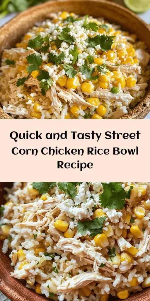 Looking for a quick and delicious meal? Try this Easy Street Corn Chicken Rice Bowl! Made with cooked rice, shredded rotisserie chicken, and a creamy corn sauce, it's packed with flavor and takes just 10 minutes to prepare. Top it off with crumbled cotija cheese and fresh cilantro for a burst of freshness. Perfect for busy weeknights or a simple lunch, this bowl is sure to impress! Enjoy a taste of street food right at home!