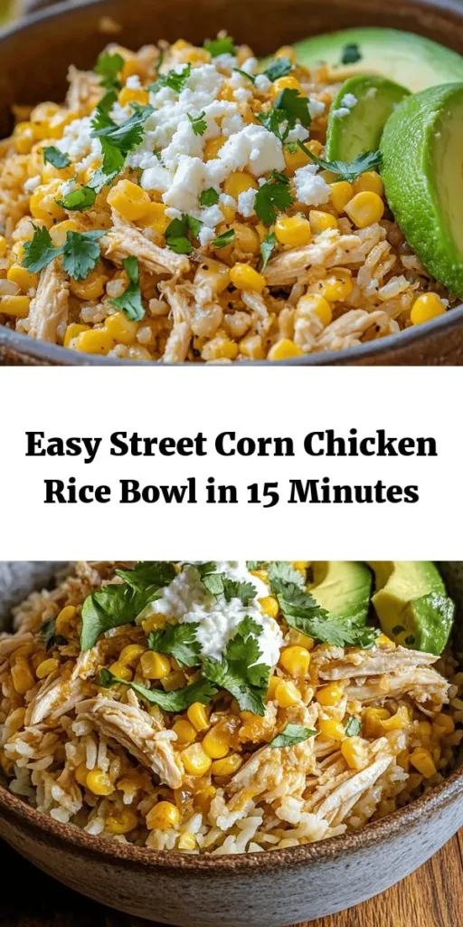 Whip up this delicious Easy Street Corn Chicken Rice Bowl in just 15 minutes! Perfect for busy weeknights, this recipe combines tender shredded chicken, sweet corn, and fluffy rice, all infused with zingy lime and fresh cilantro. Customize your bowl with avocado, cotija cheese, or a kick of hot sauce for extra flavor. It's a simple, satisfying meal that the whole family will love. Try it today for a burst of flavor in every bite!