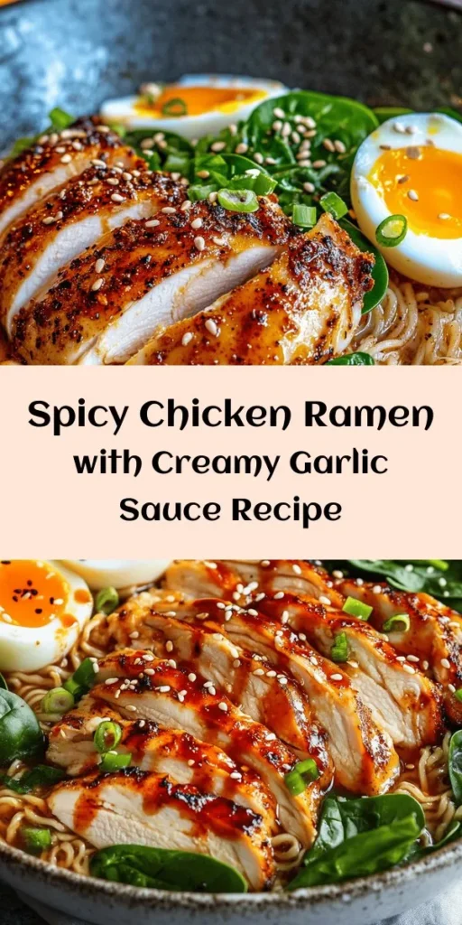 Get ready to spice up your dinner with this Fiery Chicken Ramen with Creamy Garlic Sauce! This quick and easy recipe features juicy chicken thighs marinated in a flavorful chili paste, paired with tender ramen noodles and nutrient-packed spinach in a savory broth. The creamy garlic sauce adds a luscious touch, making every bite irresistible. Perfect for a cozy night in, serve it hot and feel the warmth! Don’t forget your favorite toppings!