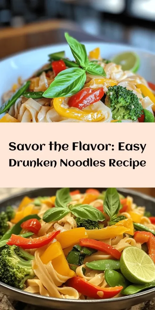 Dive into a bowl of flavor with these Drunken Noodles Delight! This quick and easy recipe features wide rice noodles stir-fried with fresh vegetables, garlic, and your choice of shrimp, chicken, or tofu. With a tangy sauce made from oyster and soy sauces, plus a burst of basil and lime, this dish is a delicious balance of savory and zesty. Perfect for a weeknight dinner or a special occasion, it's sure to impress! Enjoy a vibrant taste of Thai cuisine at home.